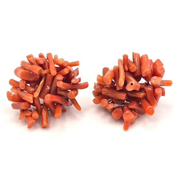 Jewelry - Vintage 50s Natural Red Coral Branch Cluster Sterling Silver Screw Back Earrings